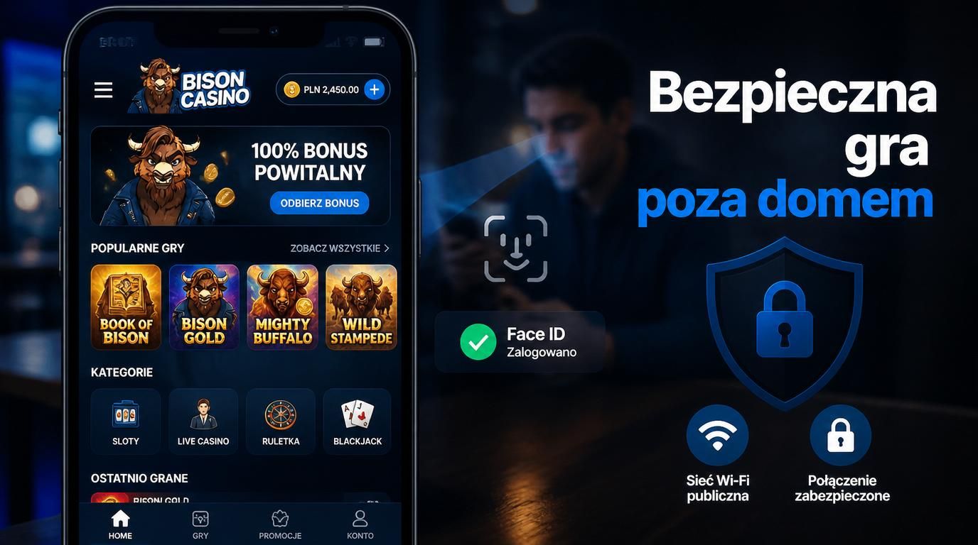 Interfejs kasyna z logowaniem biometrycznym na tle publicznego Wi-Fi