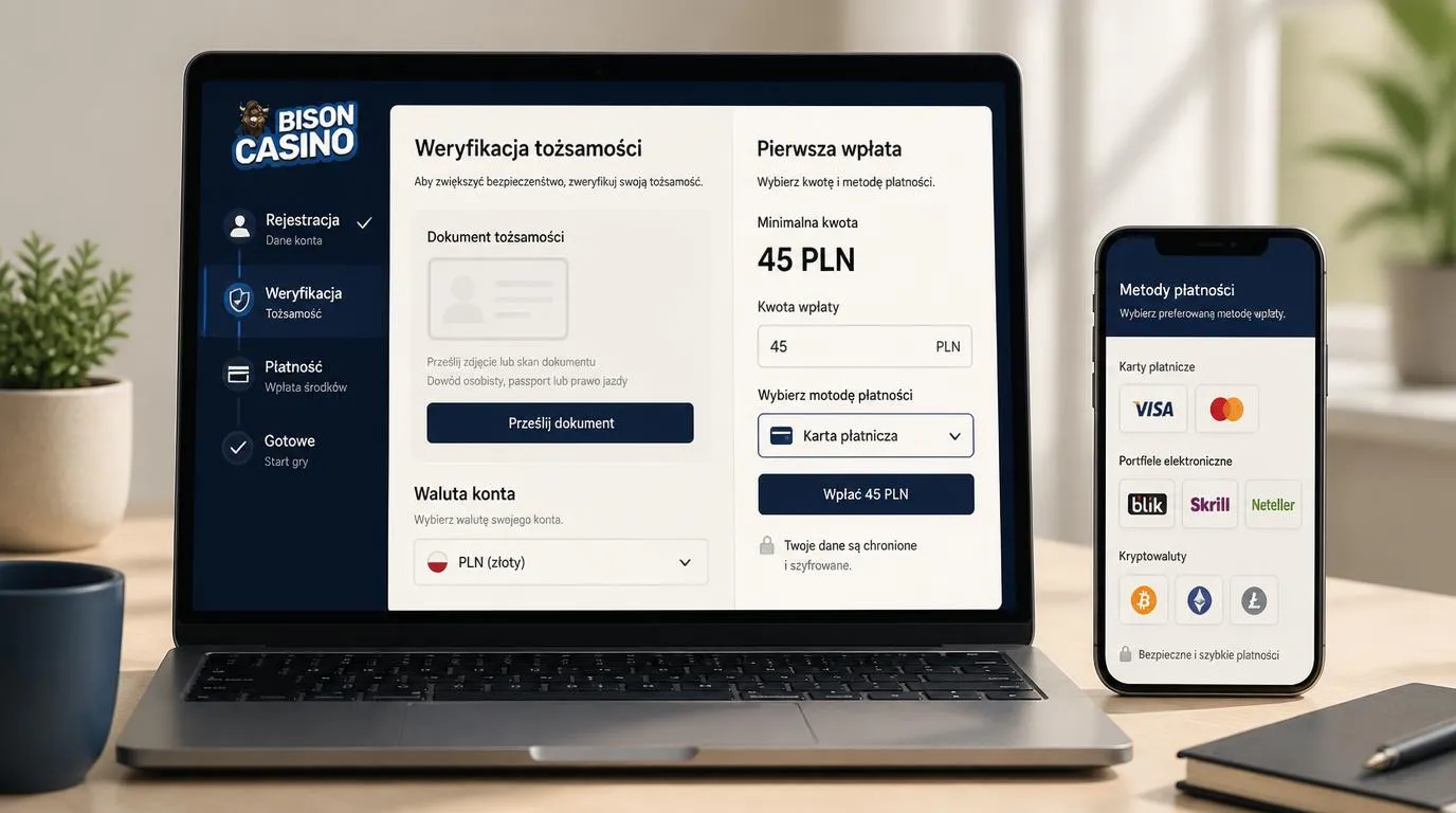 Schemat rejestracji z etapem weryfikacji tożsamości, wyborem waluty i metody wpłaty
