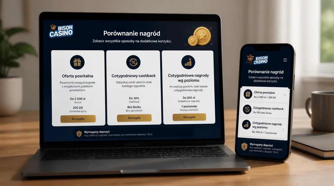 Zestawienie bonusu powitalnego, cashbacku i cotygodniowych nagród na ekranie telefonu
