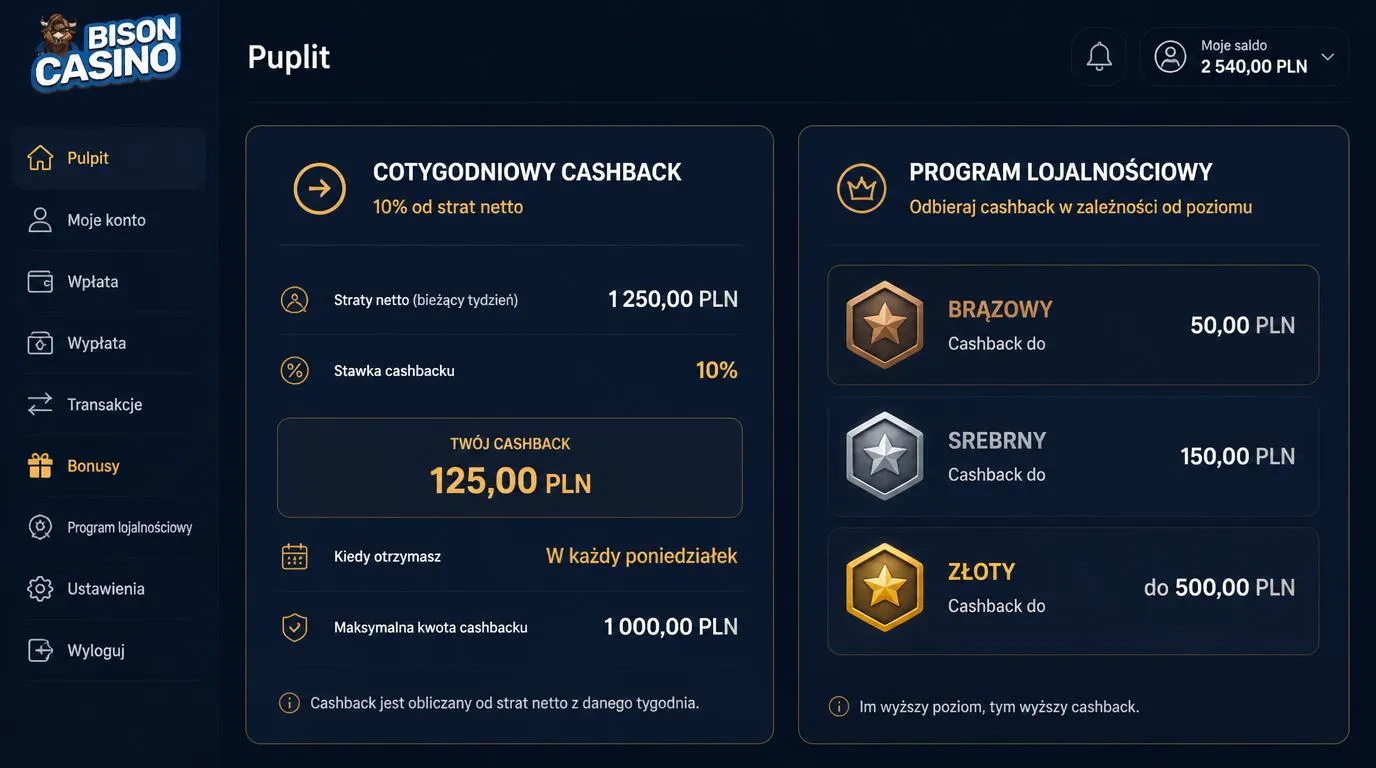 Panel promocji z tygodniowym cashbackiem i nagrodami dla poziomów Bronze, Silver i Gold