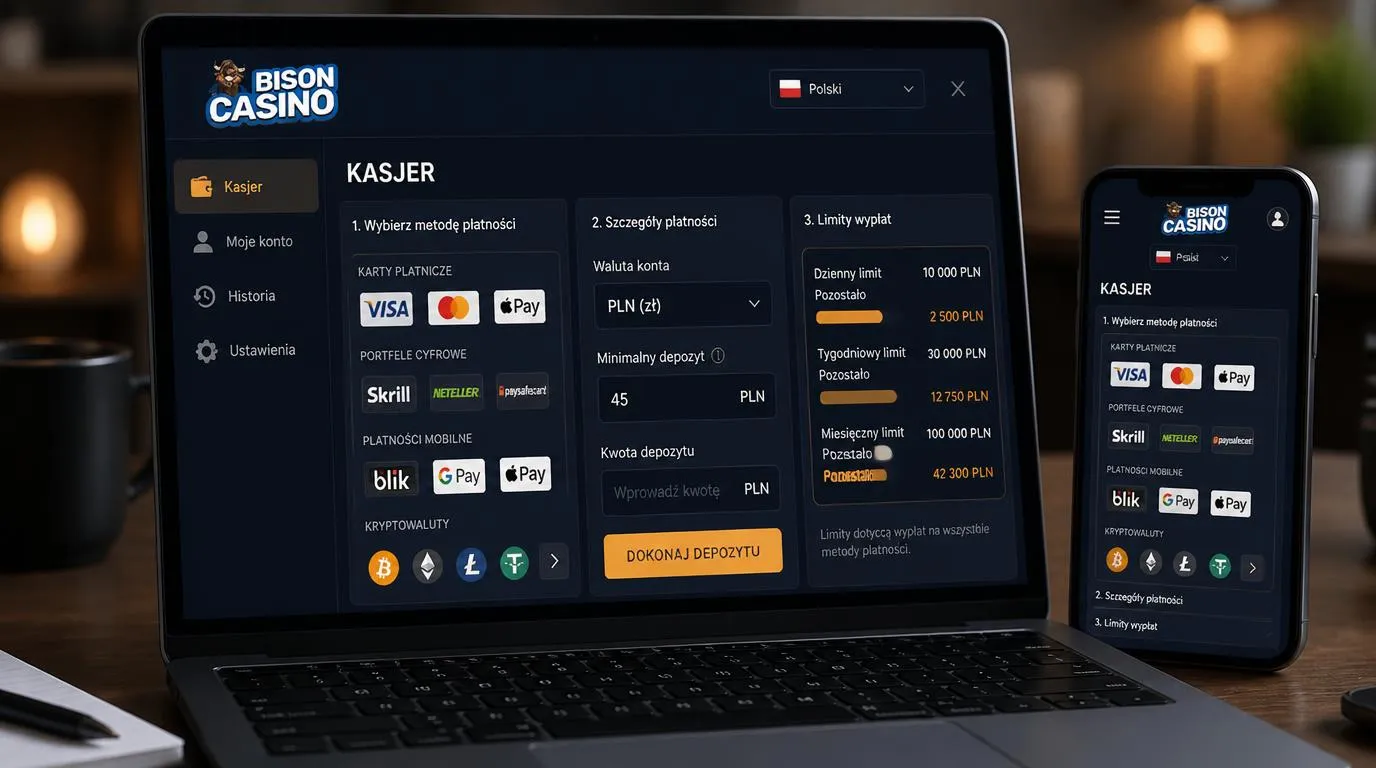 Widok kasjera online z wyborem karty, portfela elektronicznego, płatności mobilnej i kryptowaluty